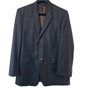 Calvin Klein Wool Blazer Men's 42R Windowpane Pattern Two Button Style Dark Grey